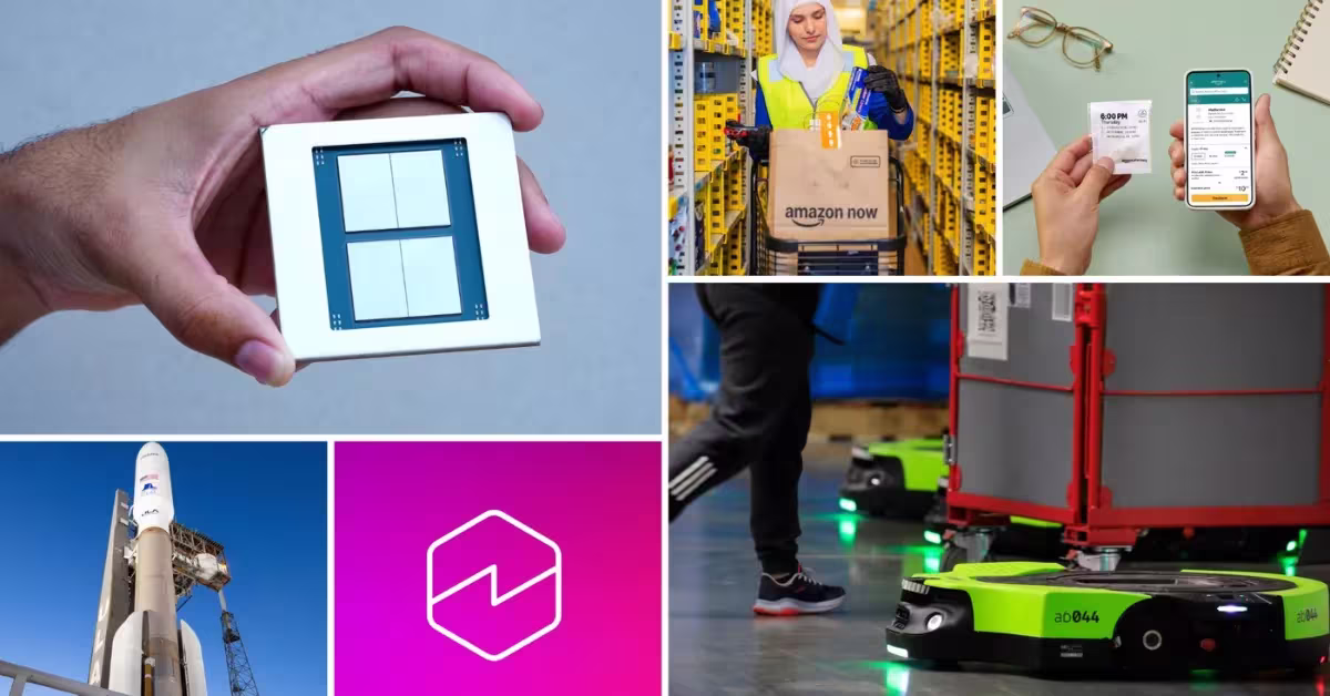 Collage highlights a sensor chip and delivery worker to automated robots.