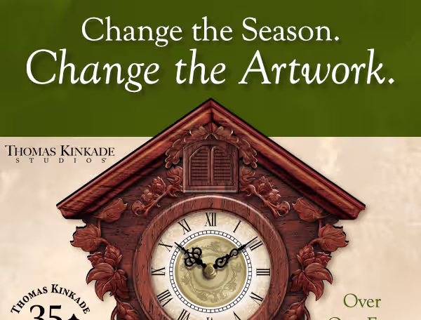 Display a Clock That Changes with the included 4 interchangeable Thomas Kinkade seasonal art plaques