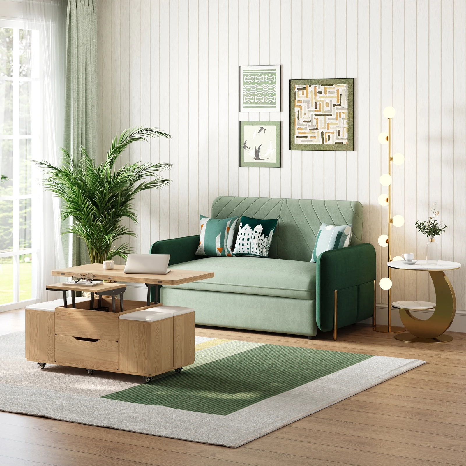 54" Twin 1-Seater Green Velvet Convertible Sleeper Sofa with Storage & Pillows