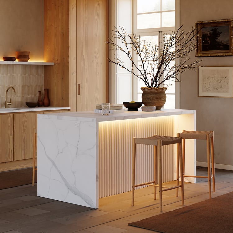 Modern 72" White Kitchen Island with Storage & LED Light, Waterfall Edge