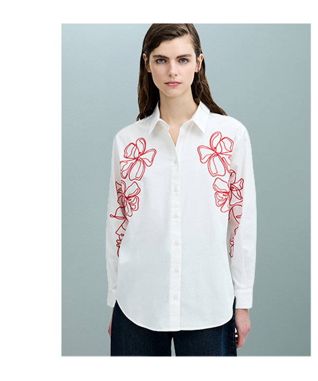 Alexis Cotton Floral Outline Embroidered White Shirt
