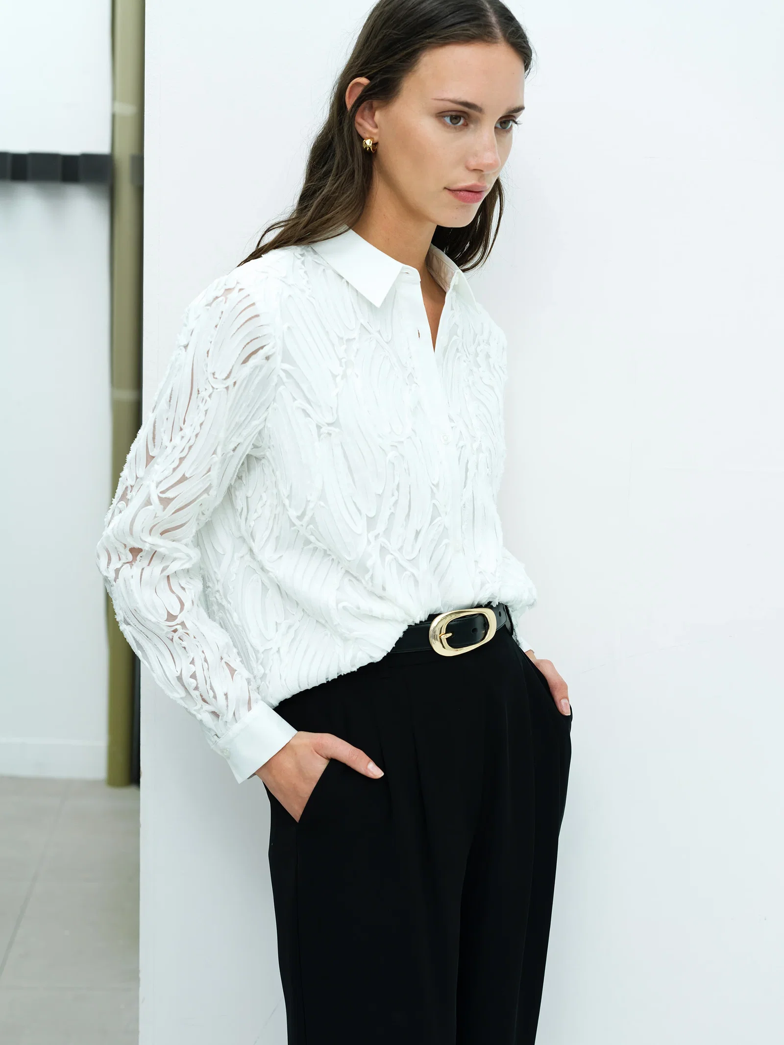 Image of Margot White 3D Textured Long Sleeve Shirt