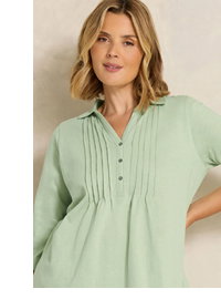 EVANS Curve Sage Green Pintuck Henley Top