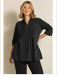 EVANS Curve Black Pintuck Henley Top
