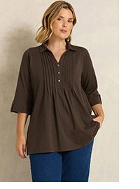 EVANS Curve Chocolate Brown Pintuck Henley Top