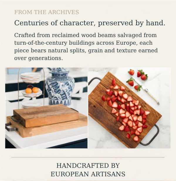 Crafted from reclaimed wood beams salvaged from turn-of-the-century buildings across Europe.