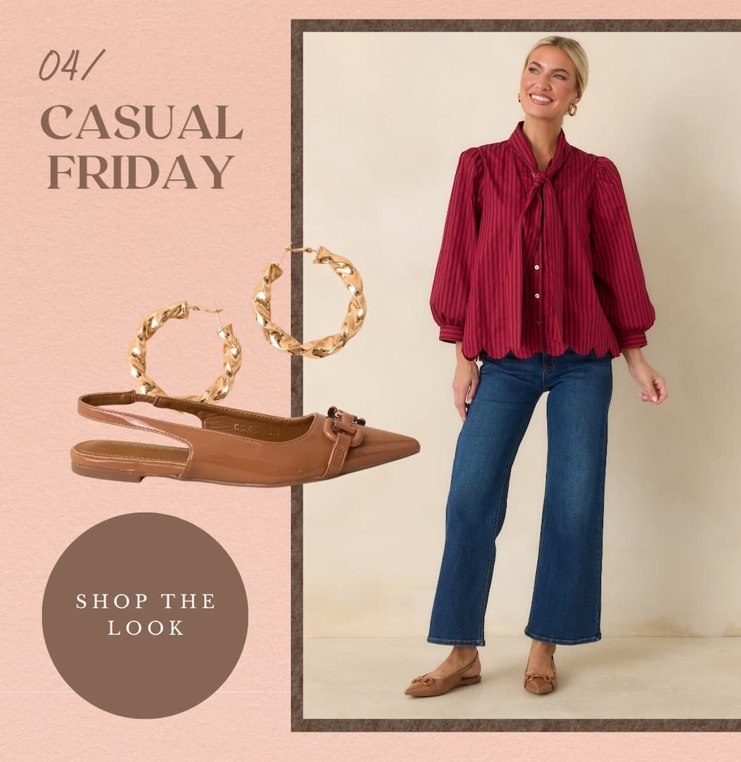 "Casual Friday. Shop the Look." Image of a model wearing a red striped top with jeans.