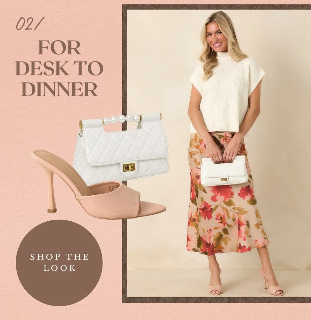 "For desk to dinner. Shop the Look." Image of model wearing a floral midi skirt with an ivory knit top. 