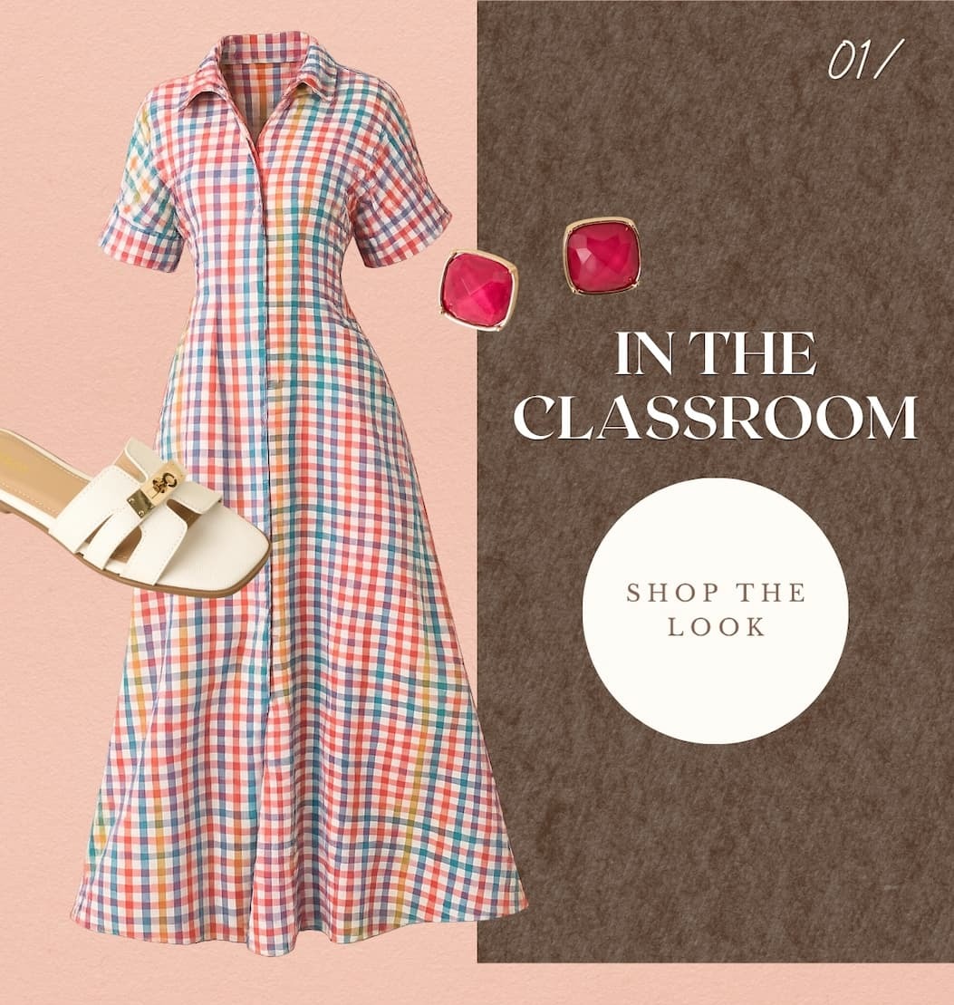 "In the Classroom. Shop the Look." Cutout of a colorful plaid midi dress.