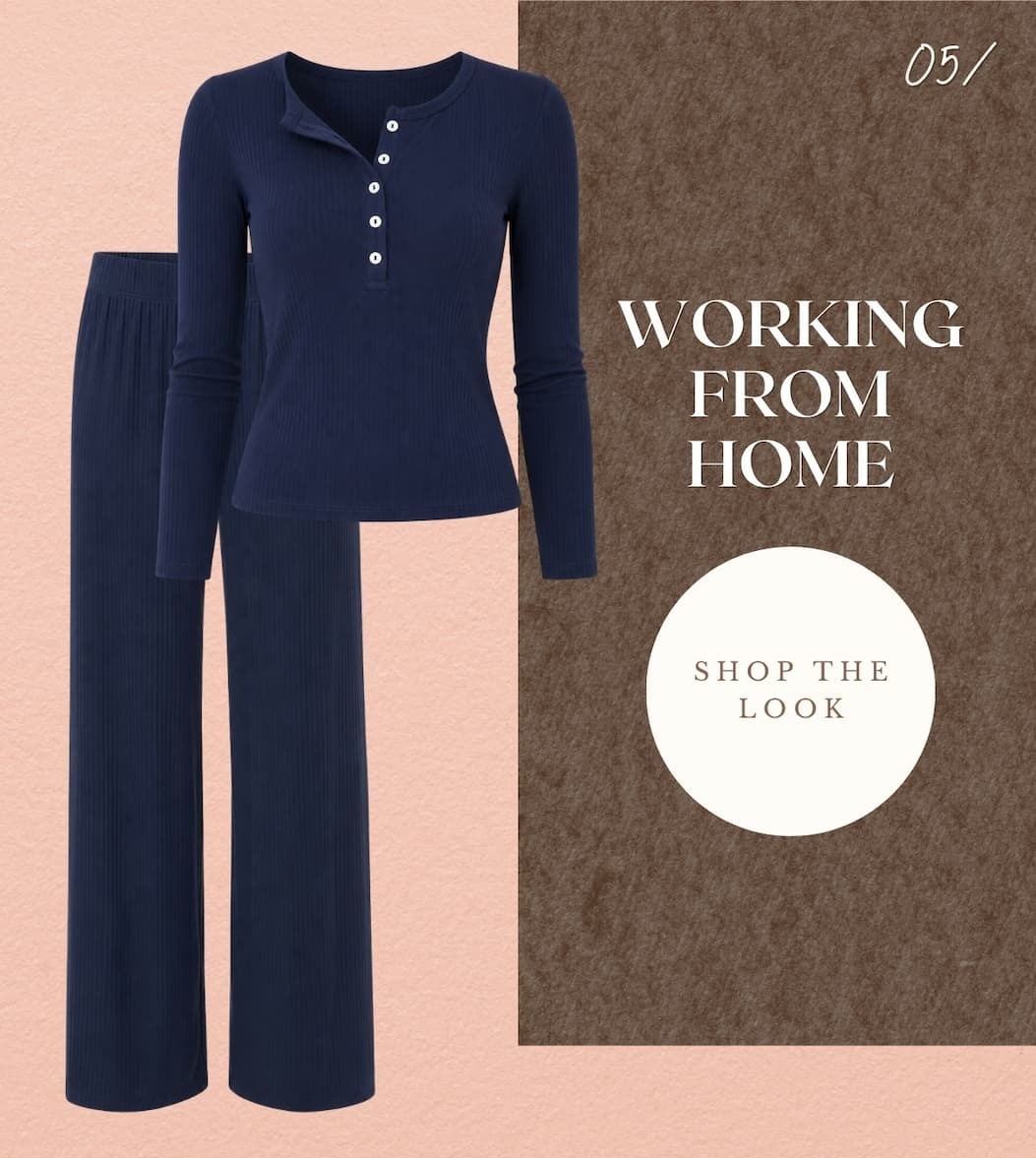 "Working from home. Shop the Look." Cutout of a navy ribbed top with matching pants.