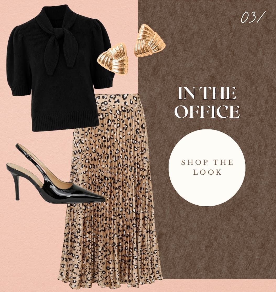 "in the office. Shop the Look." Cutout of a leopard print skirt with a black knit top.