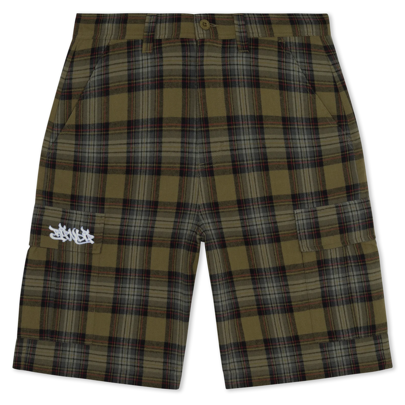 Image of Hansen Wide Fit Cargo Shorts (Olive Plaid)
