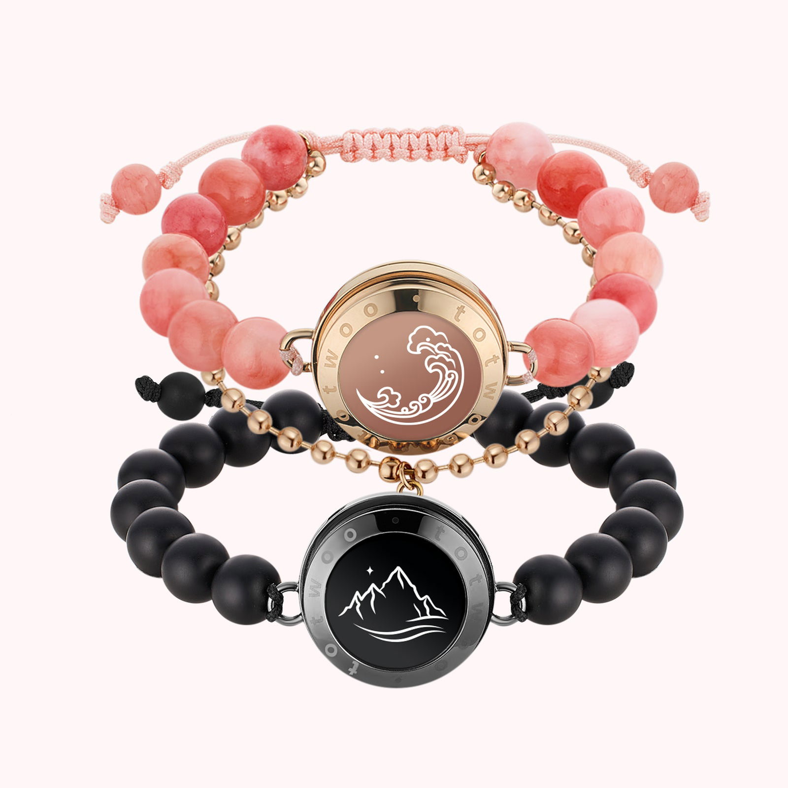 Mountain & Sea Touch Bracelets with Black Agate and Pink Persian Jade