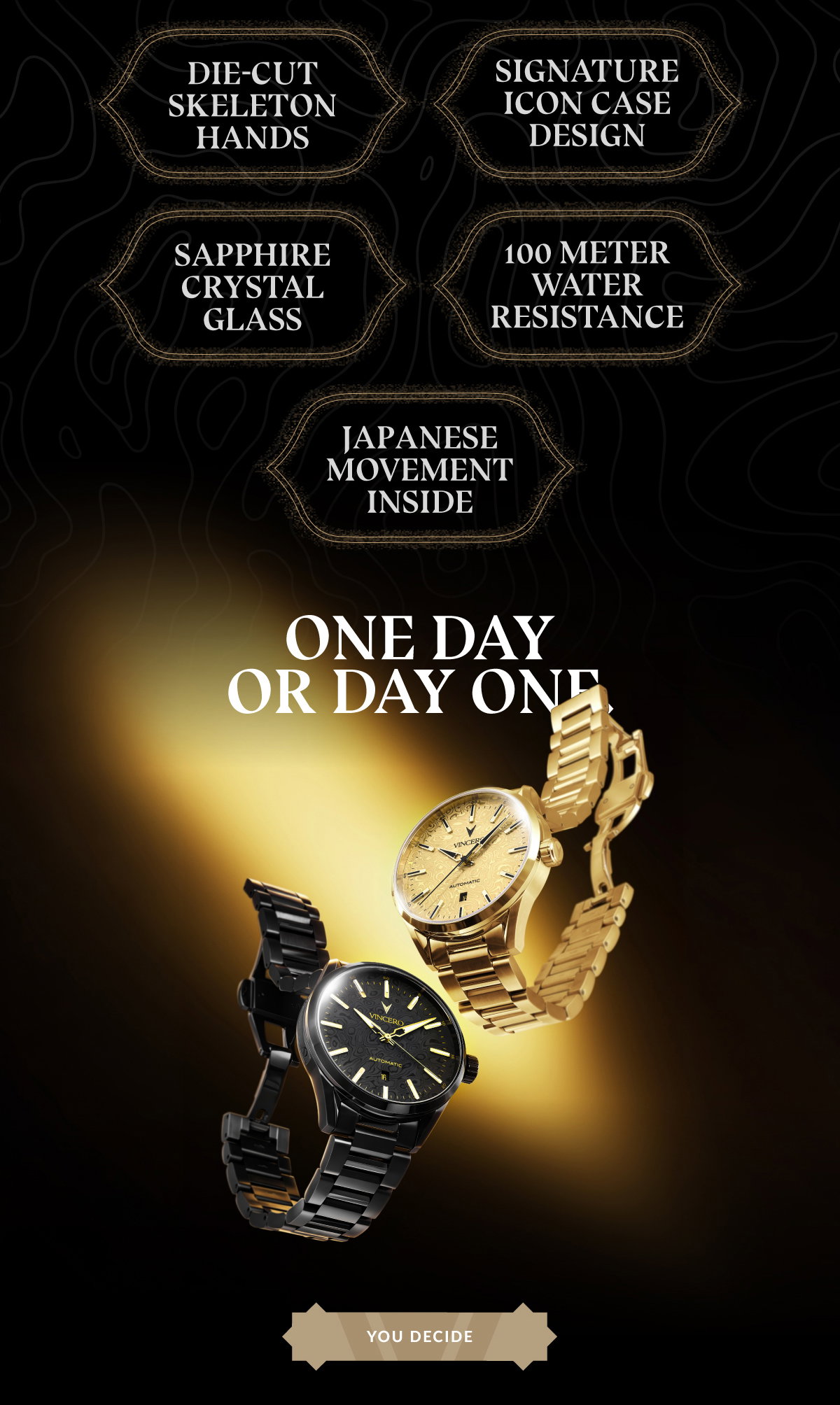 DIE-CUT SKELETON HANDS SIGNATURE ICON CASE DESIGN SAPPHIRE CRYSTAL GLASS 100 METER WATER RESISTANCE JAPANESE MOVEMENT INSIDE ONE DAY OR DAY ONE