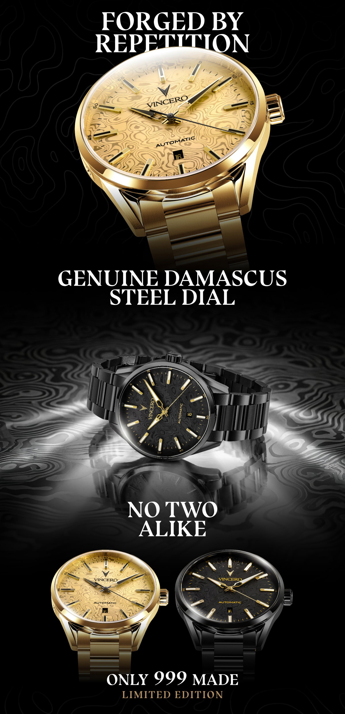 FORGED BY REPETITION GENUINE DAMASCUS STEEL DIAL NO TWO ALIKE ONLY 999 MADE LIMITED EDITION