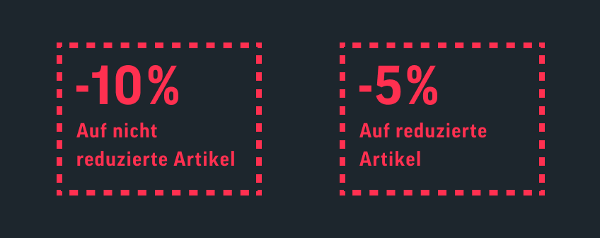 10 % Rabatt auf nicht reduzierte Artikel und 5 % auf reduzierte Artikel.