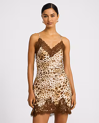 Leopard Satin Lace Trim Mini Slip Dress