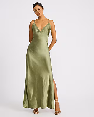 Satin Lace Trim V-Neck Low Back Maxi Slip Dress