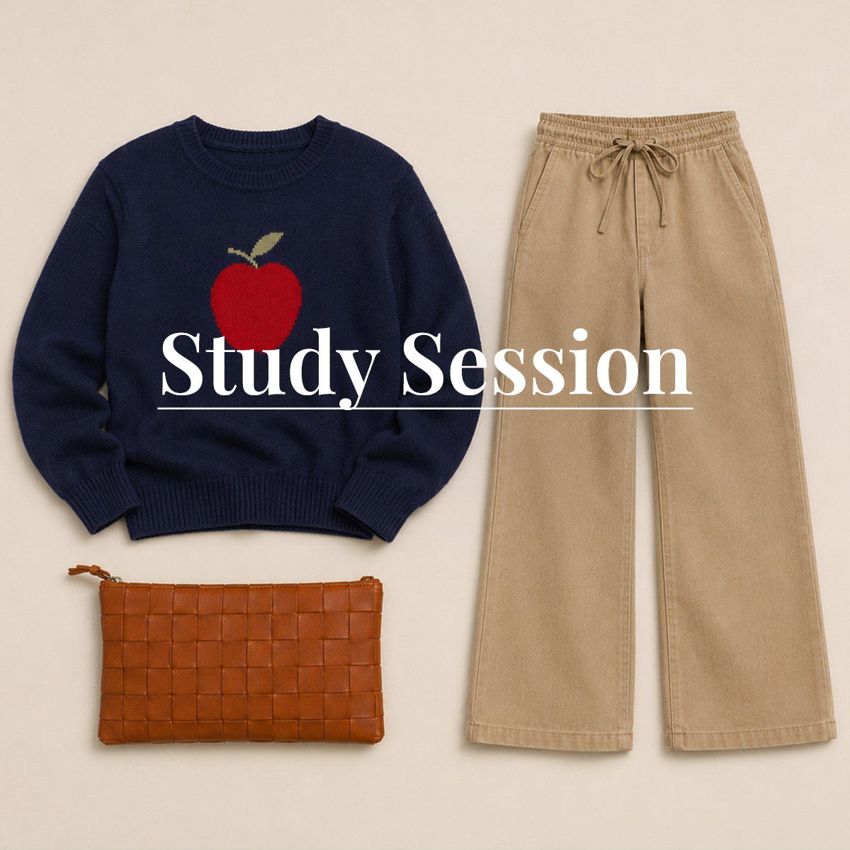 Navy apple sweater with tan wide leg pants and brown clutch for back to school.