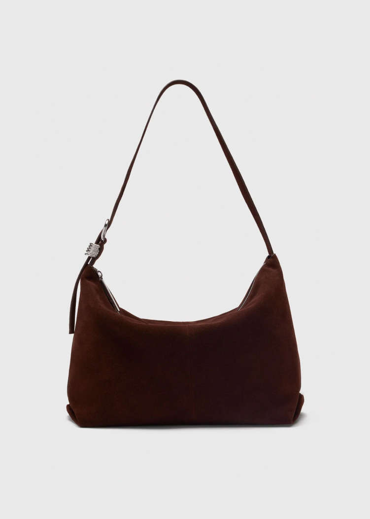 Chocolate Ring Detail Suede Shoulder Bag