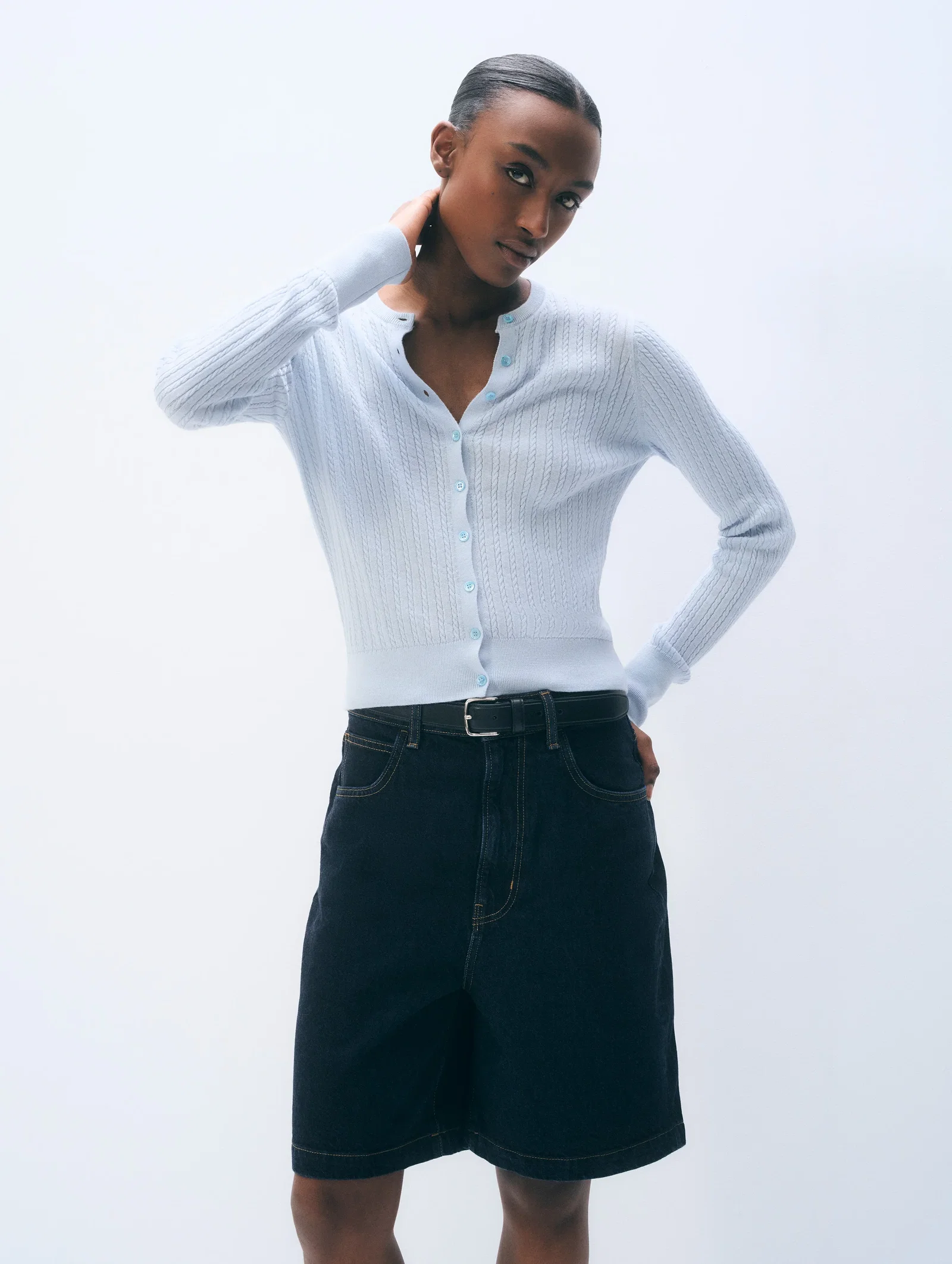 Image of Cashmere Linen Blend Cable Button Cardigan | Pastel Blue