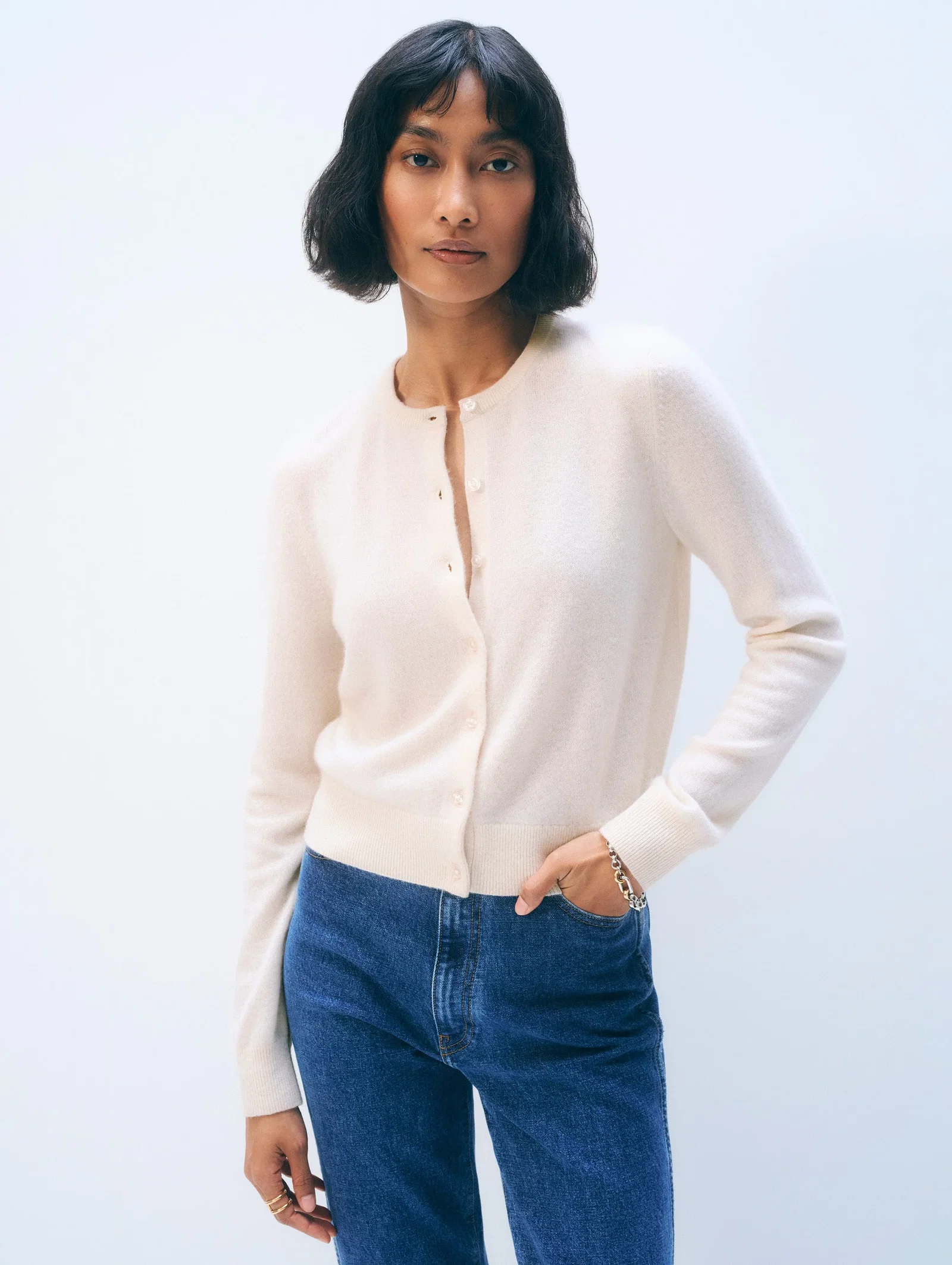 Image of Cashmere Crewneck Cardigan | Soft White