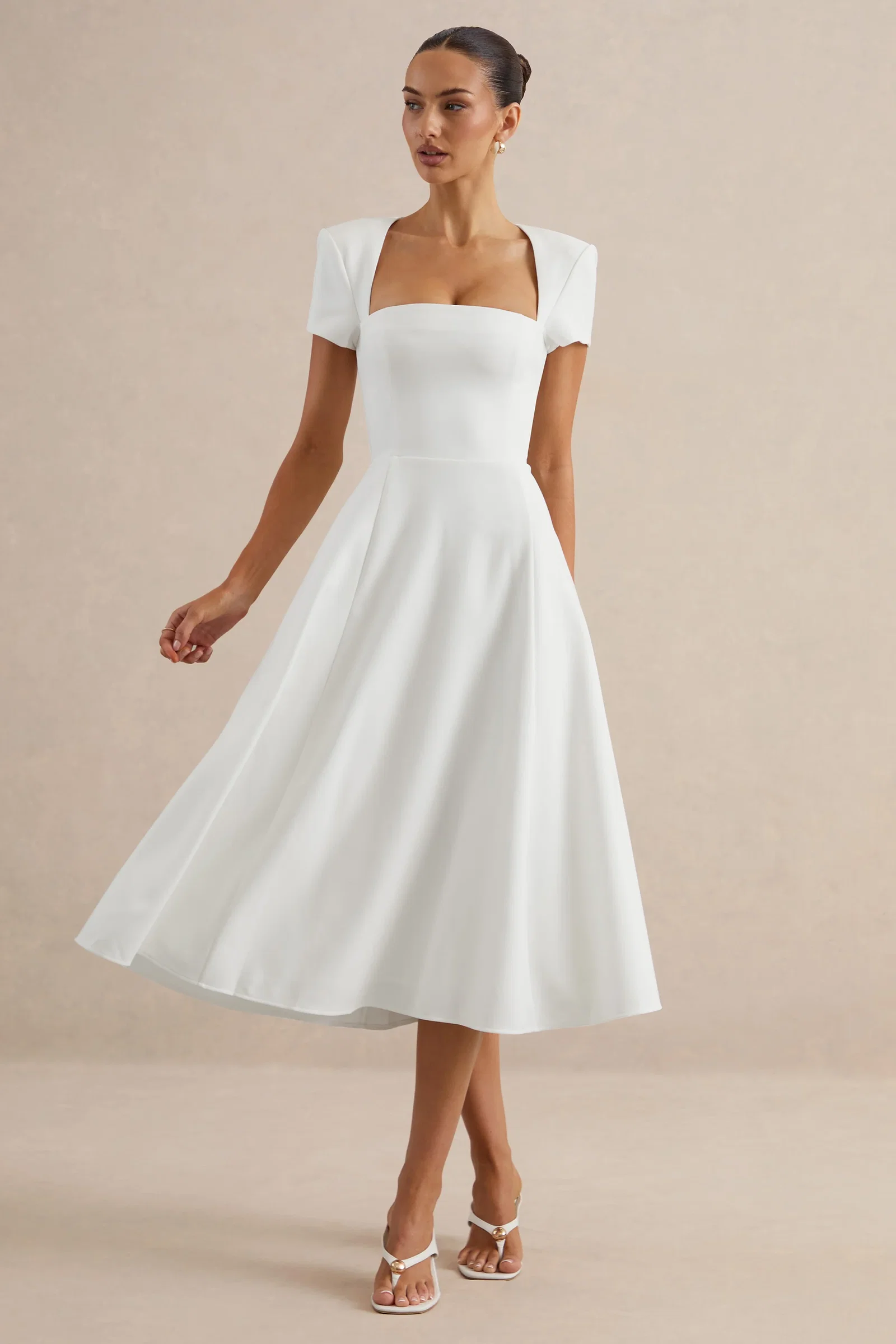Image of Donia | White Square-Neck Midi Skater Dress