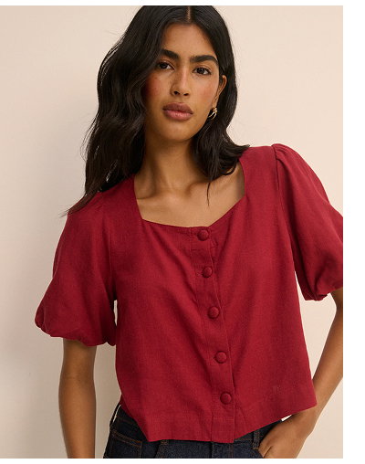 Red Linen-Blend Puff Sleeve Sammie Top