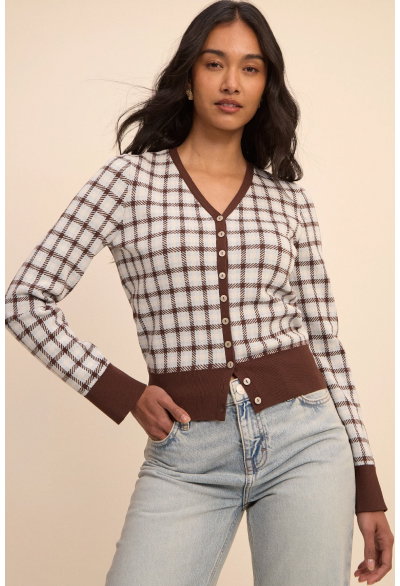 Brown and Blue V-Neck Jacquard Check Cardigan