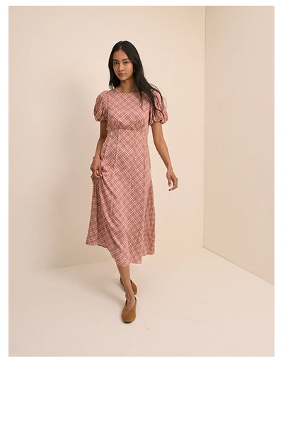 Red Check Puff Sleeve Quinn Midi Dress