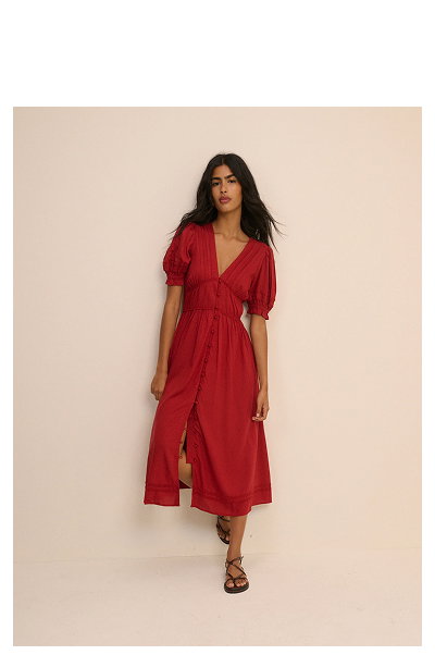 Red Button Front Frances Midi Dress
