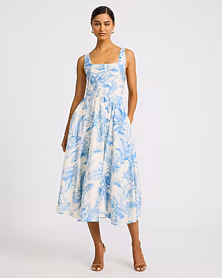 Printed Square Neck Smocked Back Midi Dress with Pockets