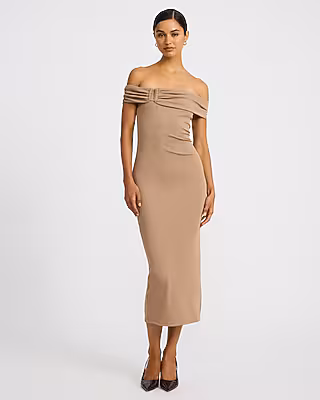 Ribbed Off The Shoulder Hardware Midi Knit Dress
