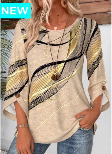 Light Camel Geometric Print Button 3/4 Sleeve Blouse