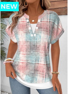 Light Pink Plaid Fake 2in1 Short Sleeve T Shirt