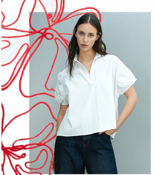 Sindey Cotton 3D Floral Short Sleeve White Popover Shirt