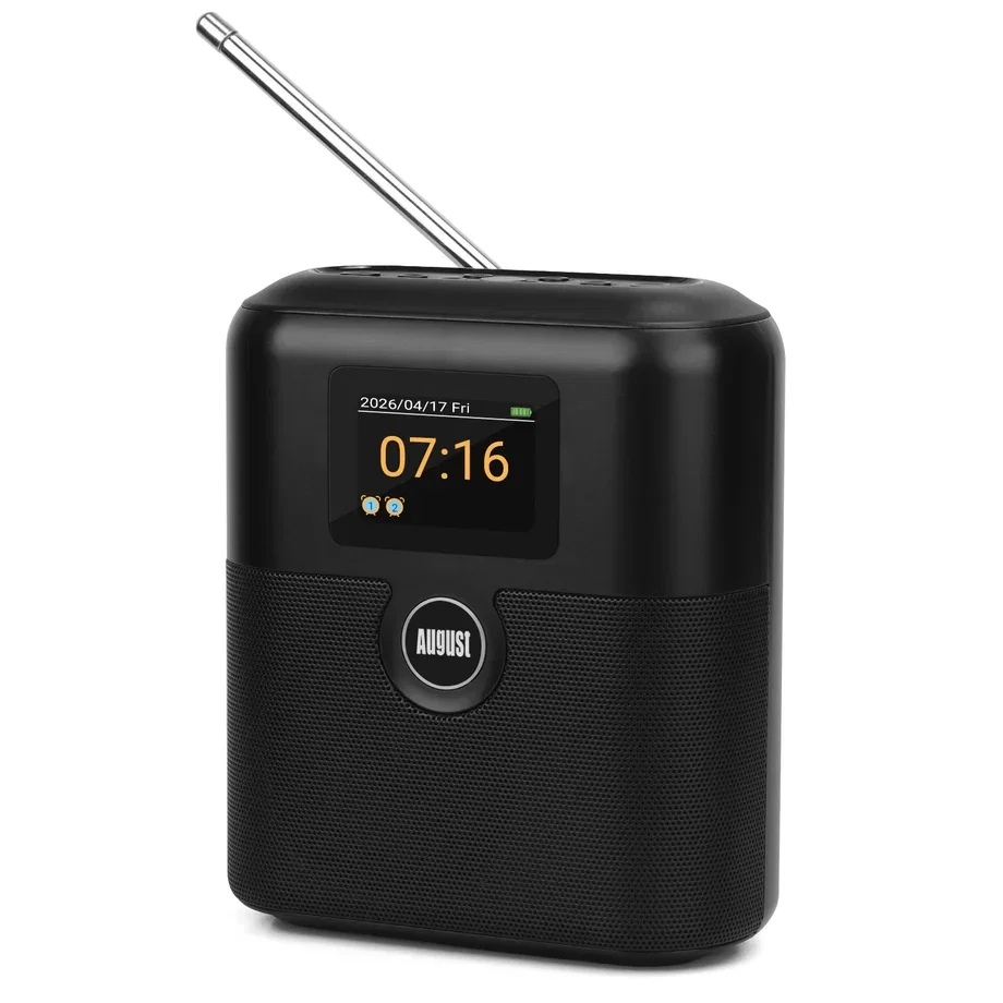 August MB330 Portable DAB Radio with Bluetooth - DAB/DAB+/FM Digital Radio, USB Rechargeable Dual Alarm Clock, 60 Presets, Sleep Timer, Aux In/Out, Colour Display, EQ, Kitchen Bedroom Outdoor Use