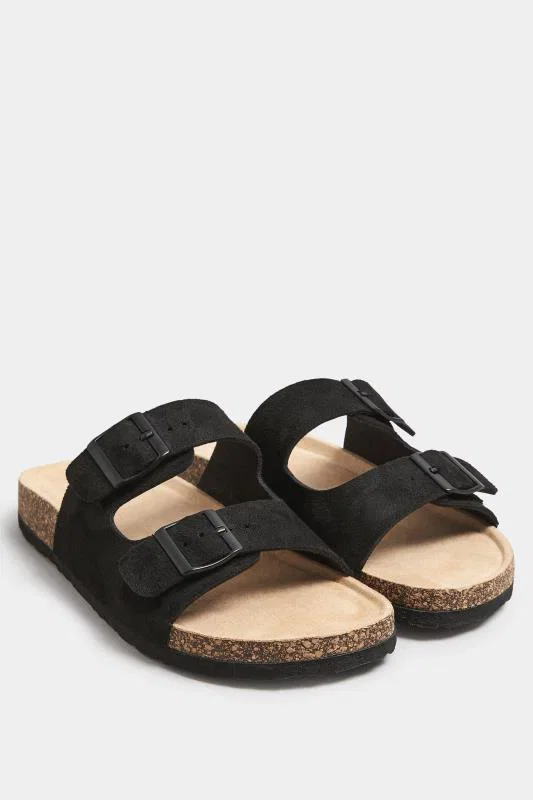 Image of Sandales Noires Plates Effet Daim Pieds Extra Larges EEE