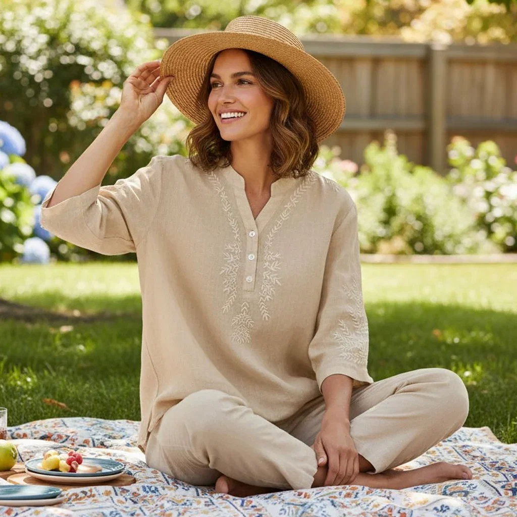 Woman in beige embroidered tunic and pants sitting on patterned picnic blanket in sunny garden setting with straw hat.