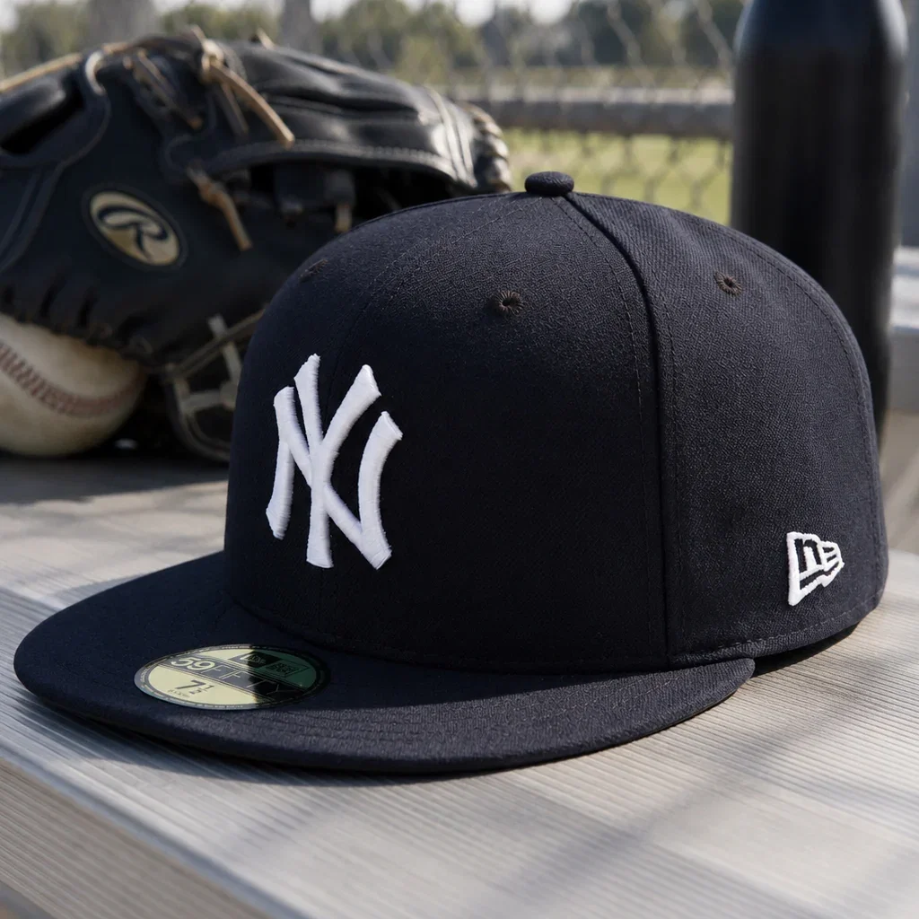 New York Yankees navy blue fitted cap with white NY logo and New Era branding displayed on wooden dock.