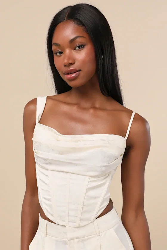 Image of Karee Ivory Satin Asymmetrical Bustier Top