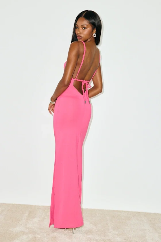 Image of Dynasty Hot Pink Slinky Knit Backless Maxi Dress