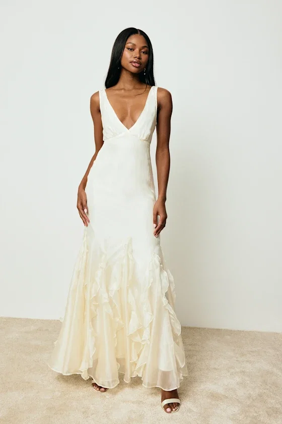 Image of Deluca Ivory Sleeveless Ruffled Maxi Dress