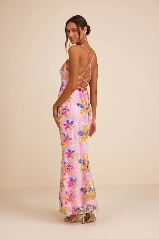 Image of Zaylee Light Pink Sequin Lace-Up Mermaid Maxi Dress