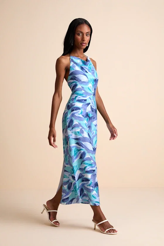 Image of Valdria Blue Abstract Cowl Halter Midi Dress
