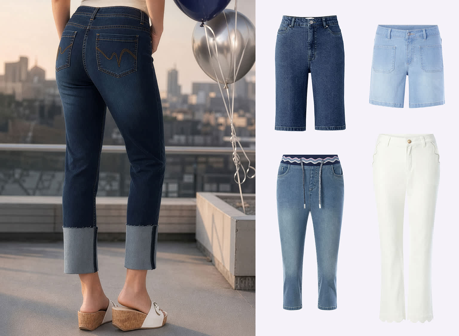 Ein Model trägt eine weiße Bluse mit schwarzem Kettenmuster und schwarze Hose, steht auf einer Dachterrasse, im Hintergrund zwei Personen und blaue Ballons.