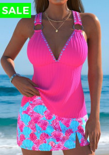 ROTITA Hot Pink Marine Life Print Mid Waisted Tankini Set