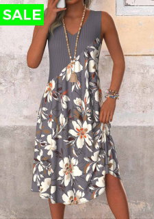 ROTITA Patchwork Floral Print Dark Grey A Line Sleeveless Dress