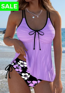 ROTITA Purple Floral Print Mid Waisted Tankini Set