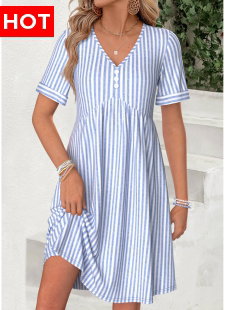 Light Blue Striped Short Shirred V Neck Dress